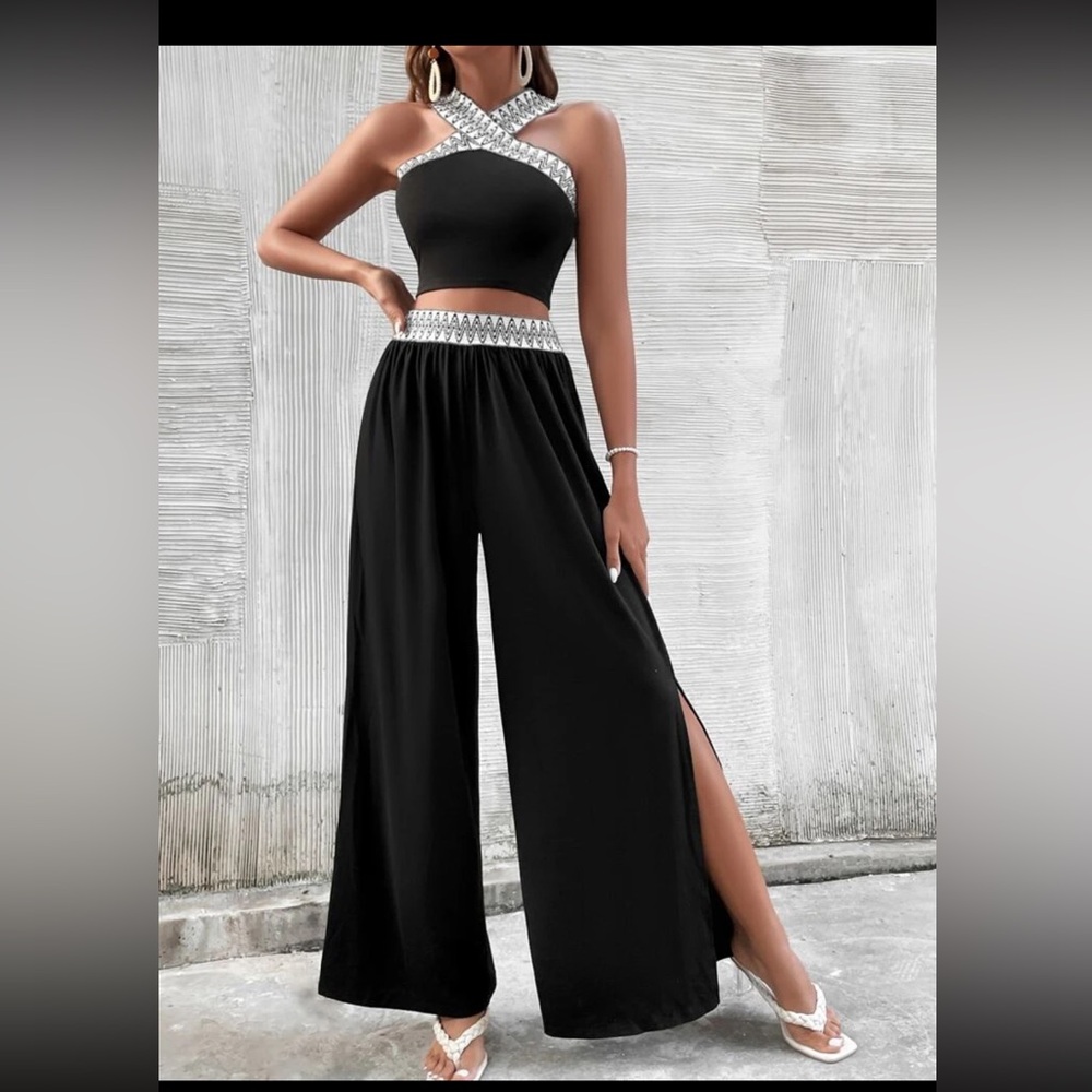 Geo tape cross wrap crop top and split thigh pants